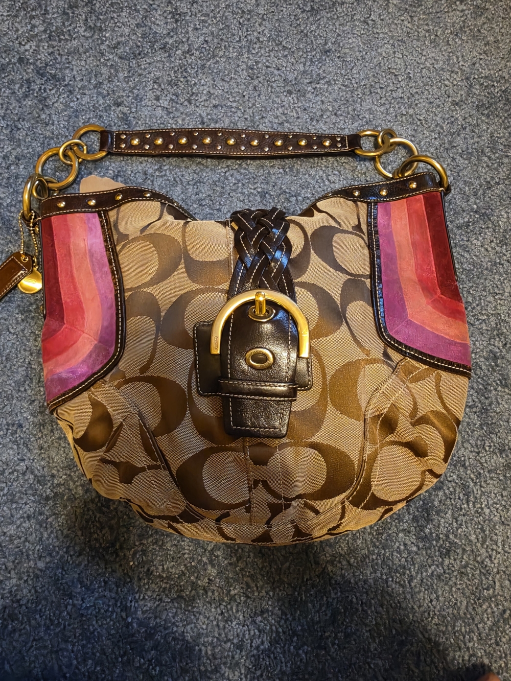 Coach Signature Canvas Soho Hobo Bag with Pink Suede Accents Limted Edition